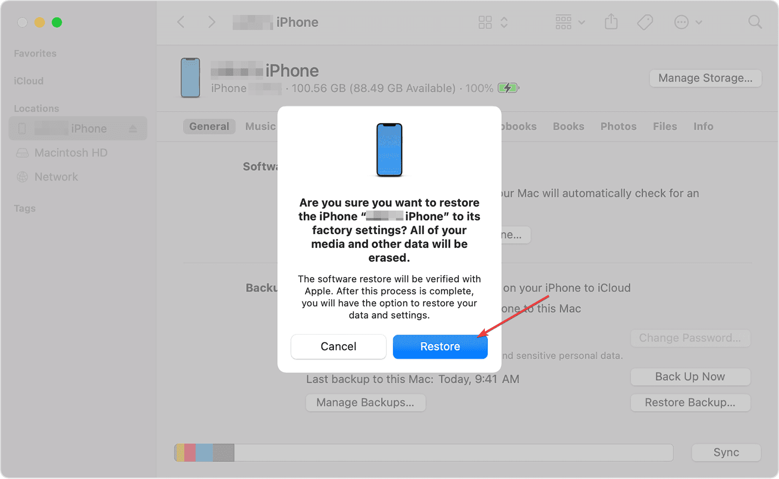 selecting restore iphone itunes