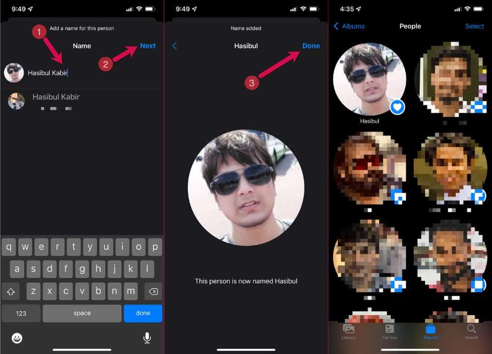 giving or changing name people face ios photos