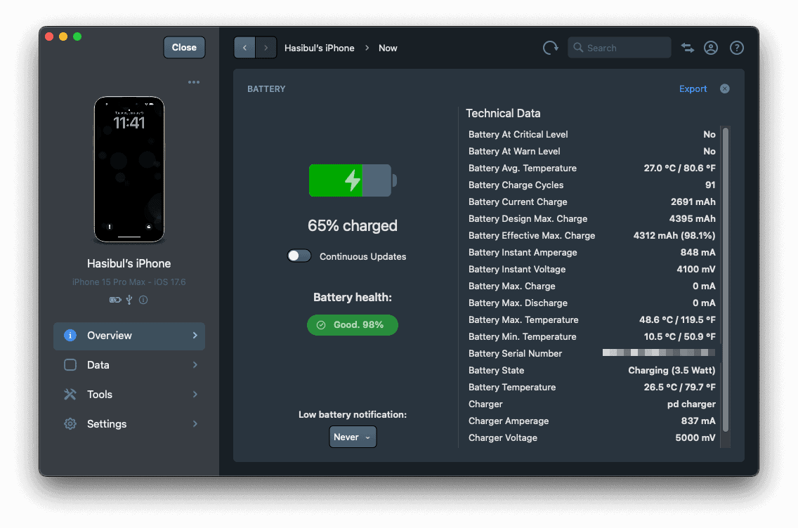 imazing battery information