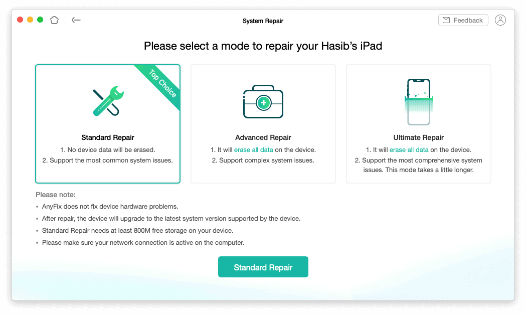 three different repairing modes of AnyFix