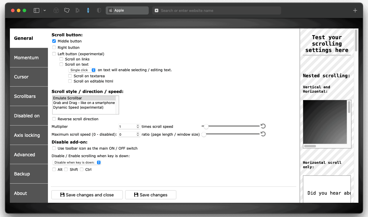 scrolltoany extension options safari to enable mouse middle click scroll