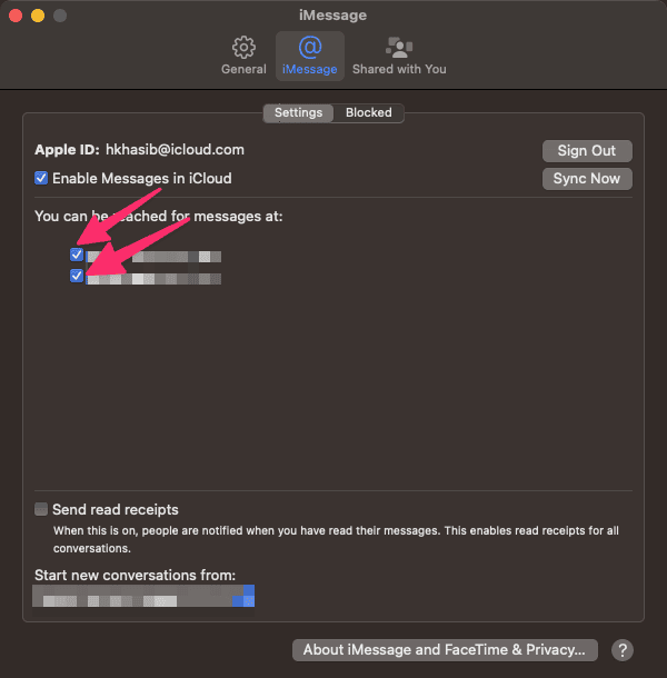 configure send receive address imessage macos