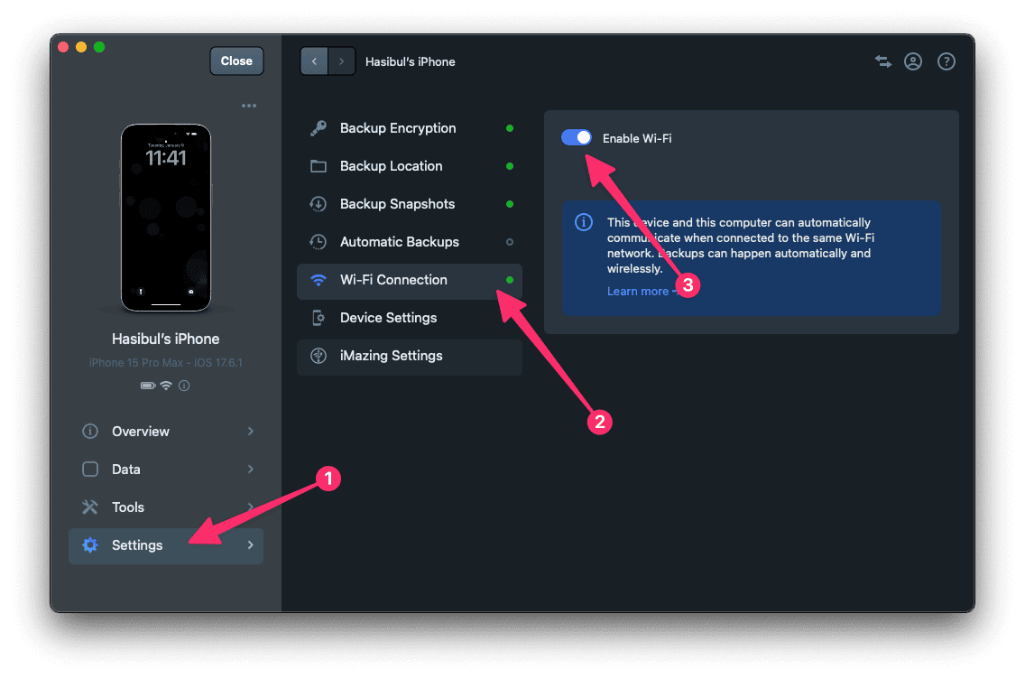 Enabling wifi connection imazing