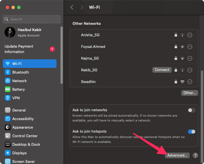 Clicking advanced wifi macos system settings