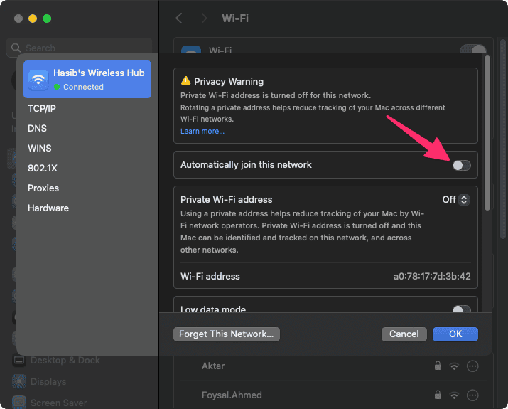 Disabling automatically join this network wifi mac