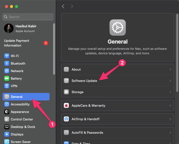 Going software update from macos system settings